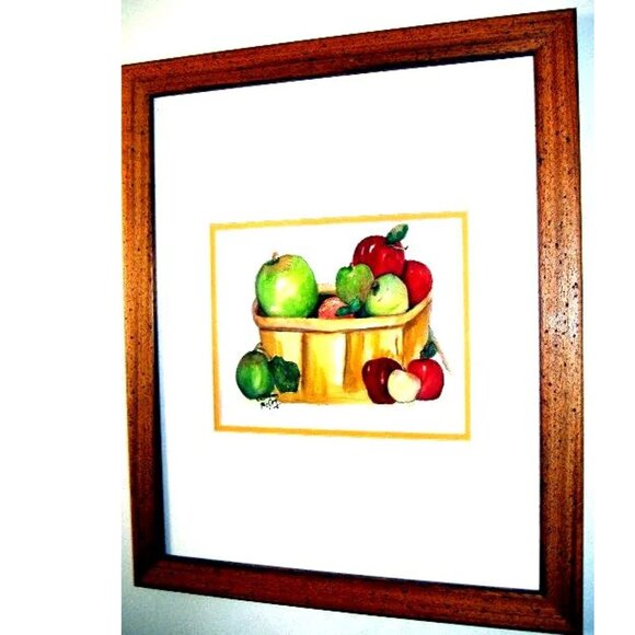 Framed Watercolor Painting, Original Artwork, 22x18, Basket of Apples, Authentic - Picture 1 of 9
